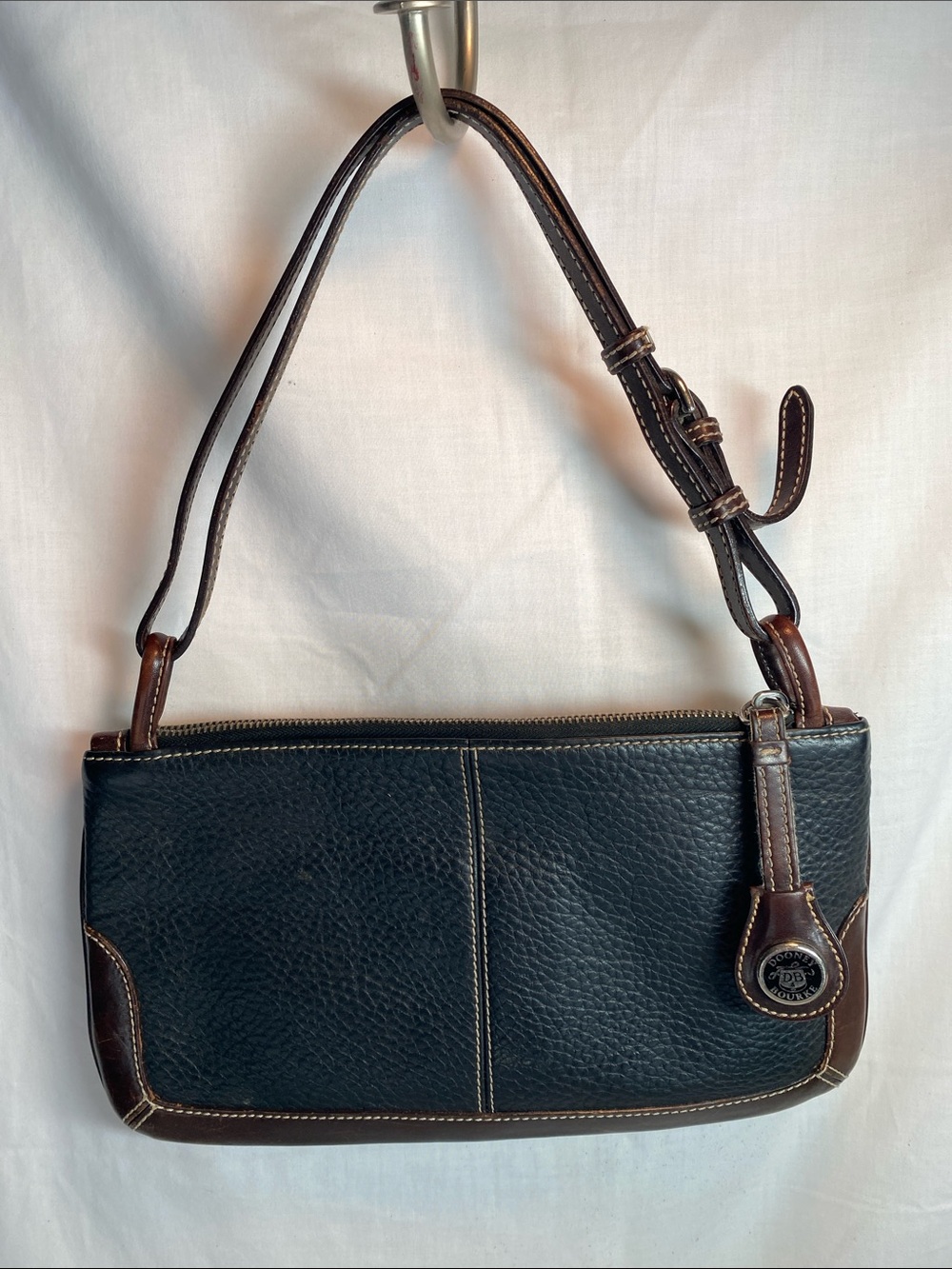 Dooney & Bourke Black Leather Envelope Shoulder Bag with Brown Trim